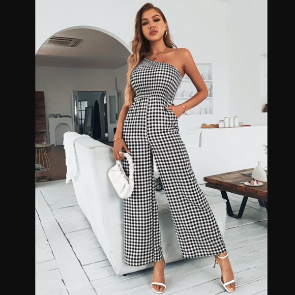 Plaid One-Shoulder Wide Leg Jumpsuit with Pockets main image 1